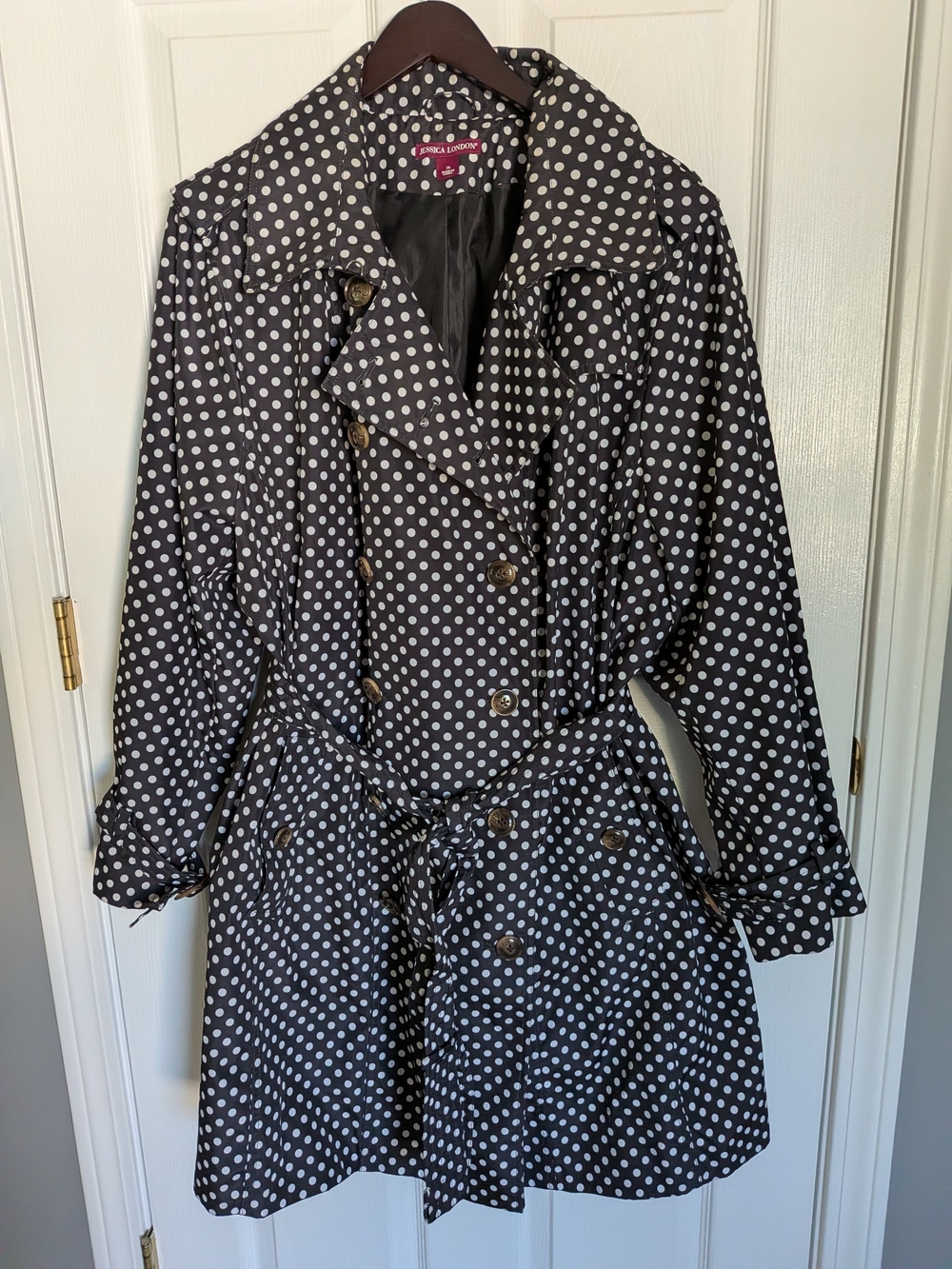 Jessica London Black Trench Coat with White Polka Dots